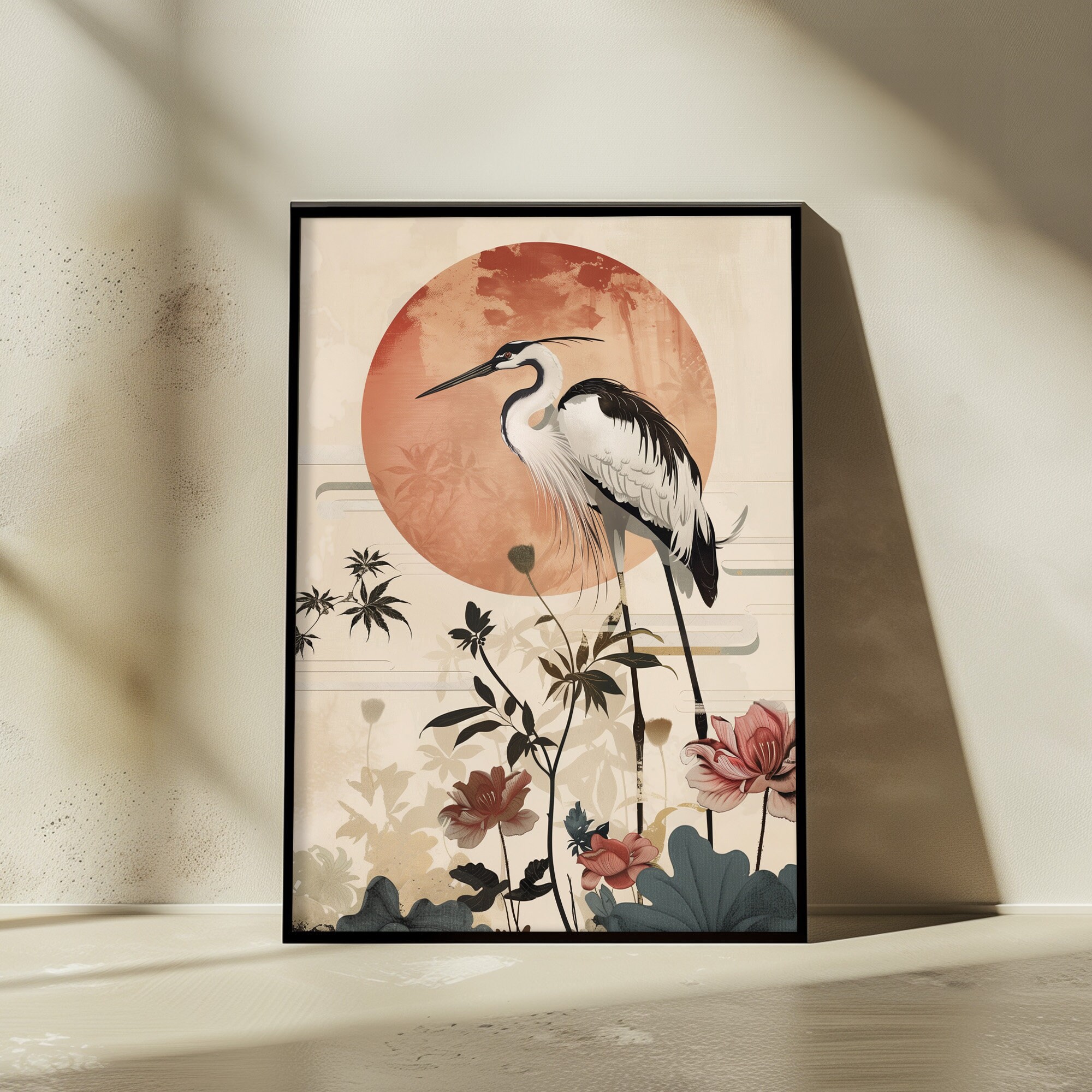 Floral Bird Japandi Wall Art - Abstract Wabi Sabi Print - Modern ...