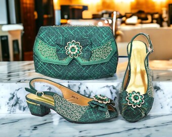 Glitter Sandals with Rhinestone Flower Purse Crystal Embellished Clutch Custom Heels Wedding Emerald Green Peep Toe Comfortable  Summer Shoe