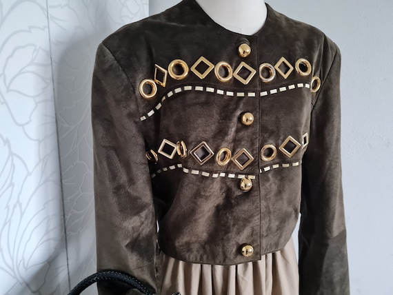 Vintage Lederjacke olivgrün gold applikationen