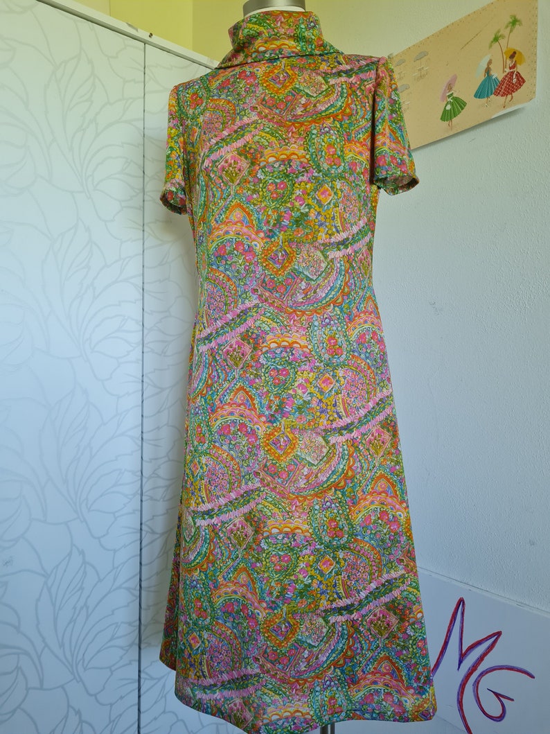 Pu&ograve; includere: Un abito vintage con collo alto e maniche corte. L'abito &egrave; realizzato in tessuto paisley colorato con sfumature di rosa, verde, arancione e giallo.