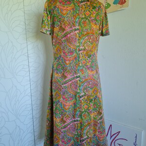 Pu&ograve; includere: Un abito vintage con stampa paisley in tonalit&agrave; di verde, rosa, arancio e giallo. L'abito ha un colletto alto e maniche corte.