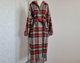Size 40-42 vintage coat, fringe coat, checked wool coat, transitional coat, 80s unique wool coat