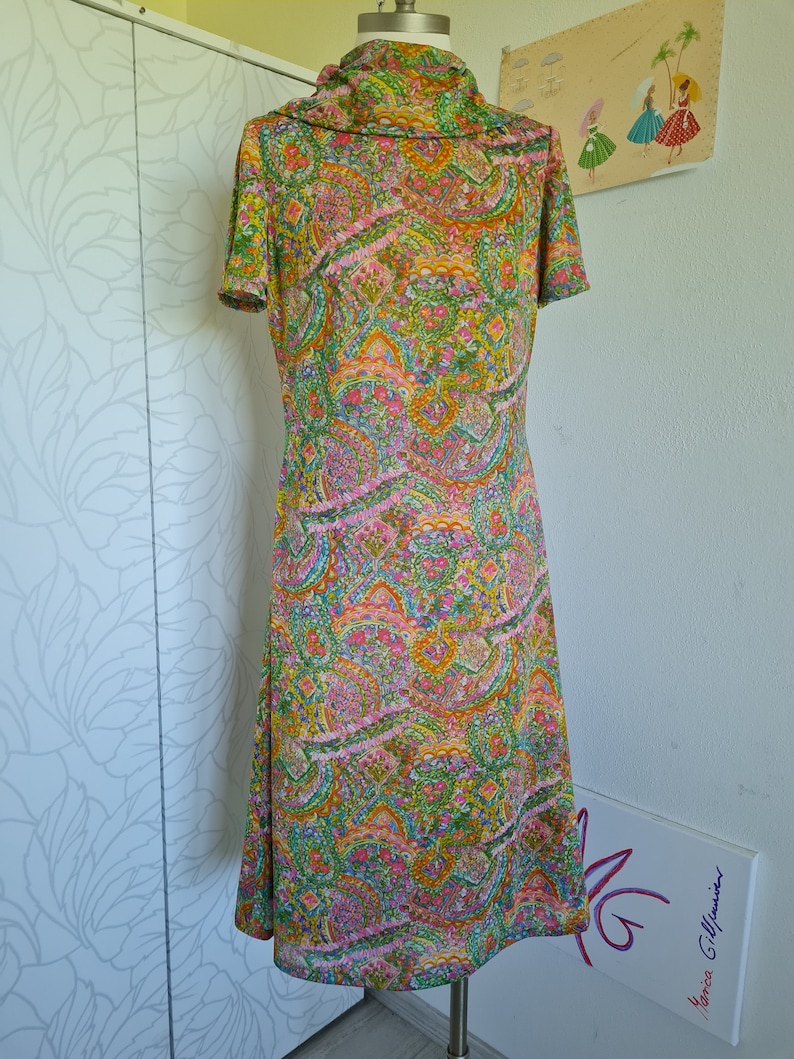 Pu&ograve; includere: Un abito vintage con stampa paisley in tonalit&agrave; di verde, rosa, arancio e giallo. L'abito ha un collo alto e maniche corte.