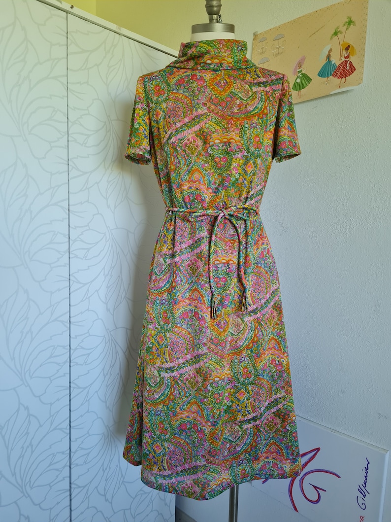 Pu&ograve; includere: Un abito vintage degli anni '70 con stampa paisley in tonalit&agrave; di verde, rosa, arancio e giallo. L'abito ha un collo alto, maniche corte e una cintura con lacci.