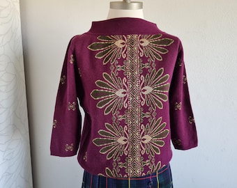 Maglione vintage in lana anni '60, viola, oro, verde