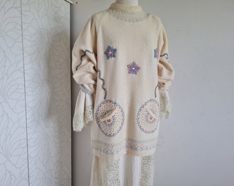 Vintage Wollpulli 80er bestickt hochwertig