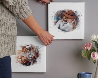 Impression photo personnalisée sur toile avec effet aquarelle comme décoration murale unique. Impression photo personnalisée sur toile comme cadeau de Saint-Valentin pour elle.