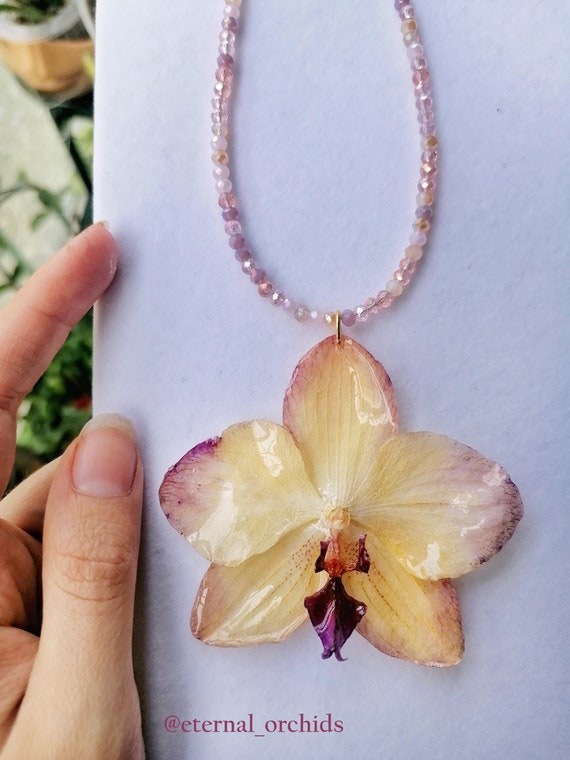 Real Flower Necklace - Preserved Orchid With Glass beads.