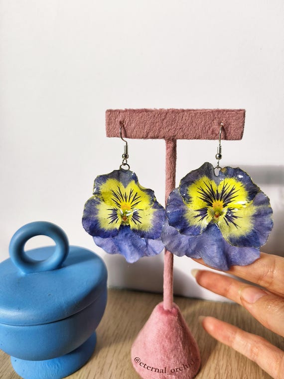 Real Flower Earrings - Preserved blue Pansies (violas)