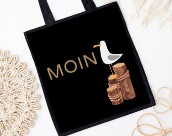 Sac en tissu bio Moin, sac amour côtier, mouette, sac noir pour université, tote bag école, sac maritime plage, personnalisé