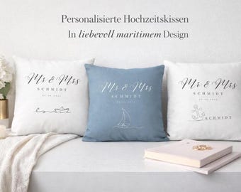 Personlig bröllopspresent, herr och fru kudde med namn och datum, modern nautisk bröllopskudde, bröllopspresent