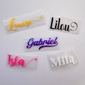 May include: Five adhesive vinyl decals featuring the names Louise in yellow, Lilou in black with speckles, Gabriel in a purple gradient, Isla in bright pink, and Mila in white. Each name is presented in a distinct script or serif font style.