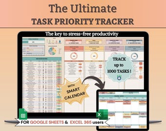 Peut inclure: Un ordinateur portable et une tablette affichent un suivi des priorités des tâches intitulé "The Ultimate TASK PRIORITY TRACKER". Le suivi comprend un calendrier intelligent et permet de suivre jusqu'à 1000 tâches. Conçu pour Google Sheets et Excel 365.