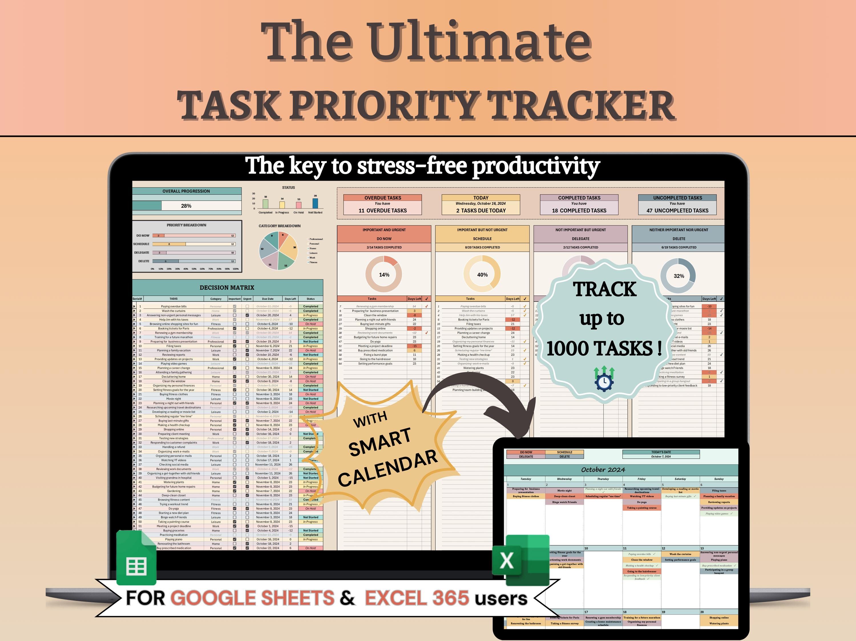 Excel 365 Task Priority Tracker Eisenhower Matrix Google Sheets Urgent ...