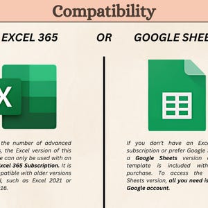 May include: Image detailing software compatibility. Displays the Excel 365 and Google Sheets logos side-by-side. Text explains the template's compatibility with Excel 365 and Google Sheets versions, and the need for a subscription.