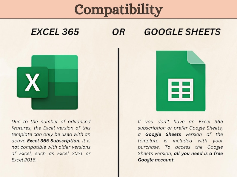 May include: Image detailing software compatibility. Displays the Excel 365 and Google Sheets logos side-by-side. Text explains the template's compatibility with Excel 365 and Google Sheets versions, and the need for a subscription.