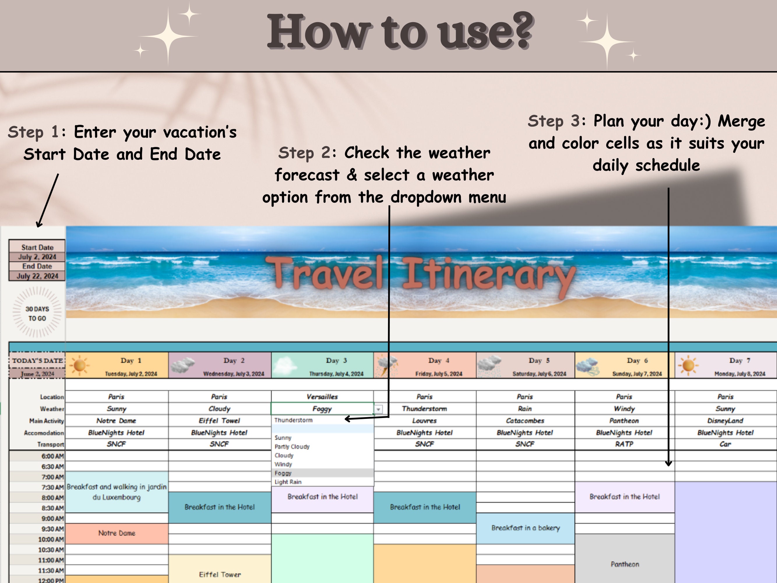 Editable Travel Itinerary Template - Google Sheets & Excel 365 ...