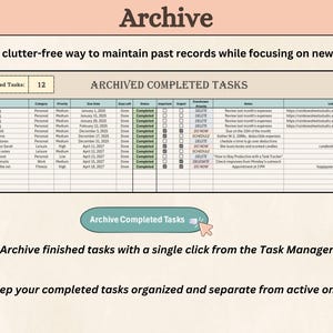 Op de afbeelding: Een lichtblauwe en witte spreadsheet met de titel "Archief" en de tekst "Een overzichtelijke manier om eerdere records te beheren terwijl je je richt op nieuwe taken". De spreadsheet is verdeeld in kolommen met koppen zoals "Taak", "Categorie", "Prioriteit", "Vervaldatum", "Dagen over", "Status", "Belangrijk", "Urgent", "Acties", "Notities" en "Links". De spreadsheet is gevuld met gegevens, waaronder taken, categorie&euml;n, prioriteiten, vervaldatums en links.