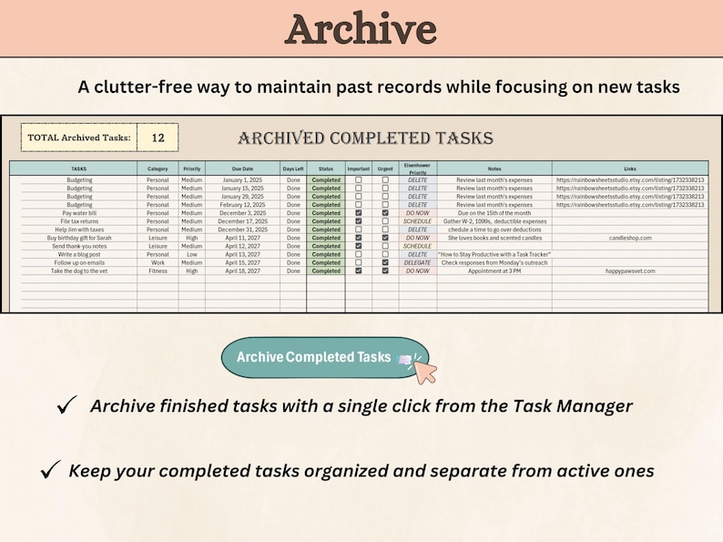 Op de afbeelding: Een lichtblauwe en witte spreadsheet met de titel "Archief" en de tekst "Een overzichtelijke manier om eerdere records te beheren terwijl je je richt op nieuwe taken". De spreadsheet is verdeeld in kolommen met koppen zoals "Taak", "Categorie", "Prioriteit", "Vervaldatum", "Dagen over", "Status", "Belangrijk", "Urgent", "Acties", "Notities" en "Links". De spreadsheet is gevuld met gegevens, waaronder taken, categorie&euml;n, prioriteiten, vervaldatums en links.