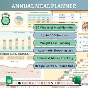 Jaarlijkse maaltijdplanner, spreadsheet, calorie- en macrotracker, gewichtsverliestracker, automatische boodschappenlijst - voor Excel 365 en Google Spreadsheets