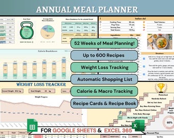 Yearly Meal Planner Spreadsheet, Calorie & Macro Tracker, Weight Loss Tracker, Automatic Shopping List - for Excel 365 and Google Sheets