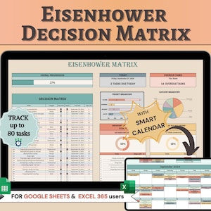 Eisenhower-matrix Excel-beslissingsmatrix Google Spreadsheets Taakprioriteit Tracker Urgent Belangrijke matrix ADHD Productiviteitsplanner Brain Dump