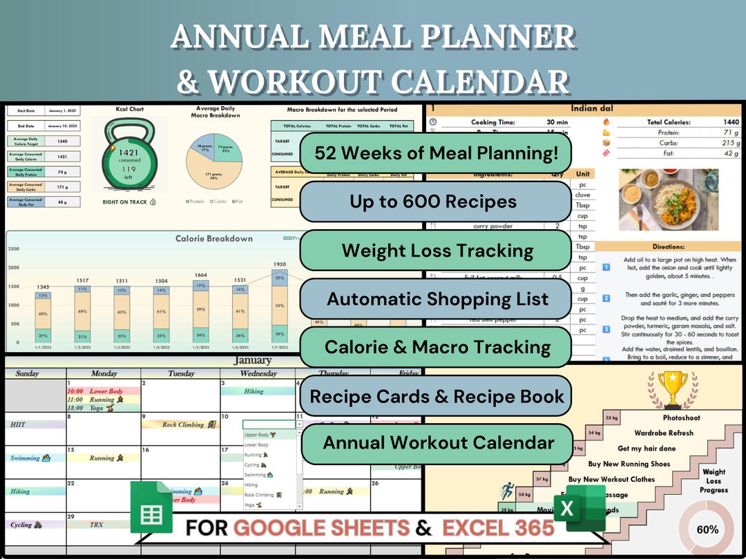 Annual Meal & Fitness Planner Spreadsheet: Calorie and Macro Tracker ...