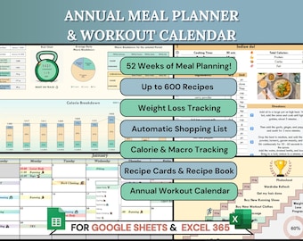Annual Meal & Fitness Planner Spreadsheet: Calorie and Macro Tracker, Weight Loss Tracking with Workout Calendar, Automated Grocery List