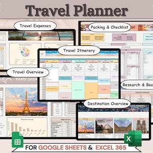 Planificador de viajes definitivo: Plantilla de Google Sheets y Excel con itinerario de viaje, lista de verificación y presupuesto.