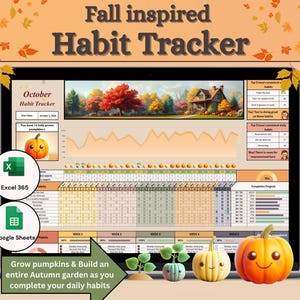 Puede incluir: Una pantalla de ordenador que muestra un rastreador de hábitos de otoño con un gráfico de calabaza. El rastreador está diseñado para ayudar a los usuarios a desarrollar hábitos saludables y hacer un seguimiento de su progreso. El texto en la pantalla dice "October Habit Tracker" y "Cultiva calabazas y construye un jardín de otoño completo mientras completas tus hábitos diarios".