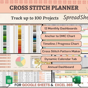 Kruissteekplanner Spreadsheet Google Spreadsheets, Excel Anchor DMC Conversietabel garen Voorraadtracker, patroonmaker, stiksels