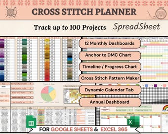 Cross Stitch Planner Spreadsheet Google Sheets, Excel Anchor DMC Thread Color Conversion Chart Inventory Tracker, Pattern Maker, Stitching