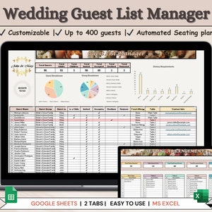 以下が含まれることがあります： 「ウェディングゲストリストマネージャー」というタイトルのスプレッドシートが表示されたラップトップの画面。スプレッドシートには、ゲスト名、ゲストグループ、招待、承認、辞退など、さまざまな列が含まれています。このスプレッドシートは、結婚式プランナーがゲストリストと座席配置を管理するのに役立つように設計されています。スプレッドシートはGoogleスプレッドシートで開かれており、2つのタブがあります。画像には、座席表を示す小さなウィンドウも含まれています。