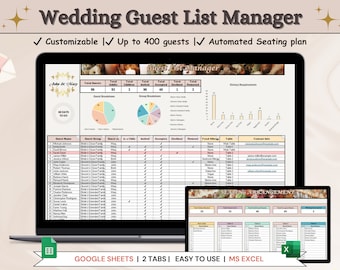 Op de afbeelding: Een laptopscherm waarop een spreadsheet te zien is met de titel "Wedding Guest List Manager". De spreadsheet bevat kolommen voor gastnaam, gastgroep, uitgenodigd, geaccepteerd, afgewezen, en meer. De spreadsheet is ontworpen om bruiloftsplanners te helpen bij het beheren van hun gastenlijst en zitplaatsen. De spreadsheet is geopend in Google Sheets en heeft twee tabbladen. De afbeelding bevat ook een kleiner venster met een zitplaatskaart.