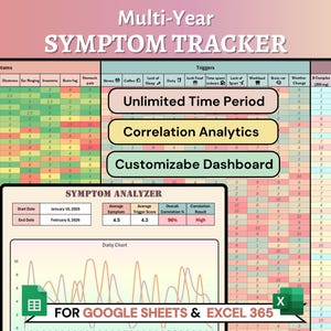 May include: A digital spreadsheet titled "Multi-Year Symptom Tracker" with data analysis features. Includes sections for symptoms, triggers, and supplements. Features include unlimited time period, correlation analytics, and a customizable dashboard. Compatible with Google Sheets and Excel 365.