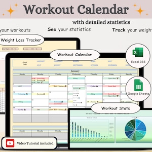 Könnte beinhalten: Ein Computerbildschirm zeigt eine Workout-Kalender-Vorlage mit einer Monatsansicht, einem Gewichtsverlust-Tracker und Trainingsstatistiken. Der Kalender ist farbcodiert und enthält ein Video-Tutorial. Die Vorlage ist kompatibel mit Excel 365 und Google Sheets.