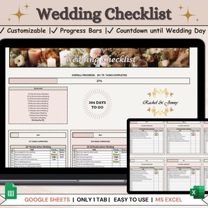 Könnte beinhalten: Eine digitale Hochzeitsplanungsvorlage mit anpassbaren Fortschrittsbalken und einem Countdown bis zum Hochzeitstag. Die Vorlage ist für die Verwendung in Google Sheets und MS Excel konzipiert. Die Vorlage enthält eine Liste der zu erledigenden Aufgaben, mit einer Prioritätsstufe und einer Frist für jede Aufgabe. Die Vorlage enthält auch einen Fortschrittsbalken, um den Abschluss jeder Aufgabe zu verfolgen. Die Vorlage soll Paaren helfen, ihre Hochzeit zu planen und organisiert zu bleiben.