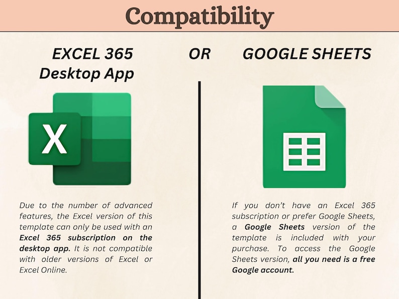 Op de afbeelding: Een groene en witte grafiek toont de compatibiliteit van een spreadsheet-sjabloon met de Microsoft Excel 365 desktop-app of Google Sheets. De tekst luidt "Compatibiliteit" met "EXCEL 365 Desktop-app" links en "GOOGLE SHEETS" rechts. De Excel 365-app wordt weergegeven door een groen pictogram met een witte "X" en de Google Sheets-app wordt weergegeven door een groen pictogram met een wit raster.