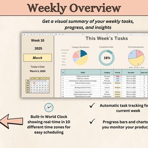 Op de afbeelding: Een wekelijkse overzichtsspreadsheet met een ingebouwde wereldklok die 10 verschillende tijdzones laat zien. De spreadsheet bevat een kalender, een takenlijst en grafieken die de taakvoltooiingsgraad en de prioriteitsverdeling laten zien. De tekst "This Week's Tasks" wordt bovenaan de spreadsheet weergegeven.