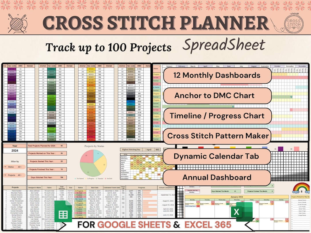 Cross Stitch Planner Spreadsheet Google Sheets, Excel Anchor DMC Thread ...