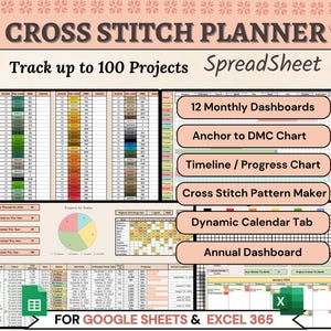 Kruissteekplanner Spreadsheet Google Spreadsheets, Excel Anchor DMC Conversietabel garen Voorraadtracker, patroonmaker, stiksels