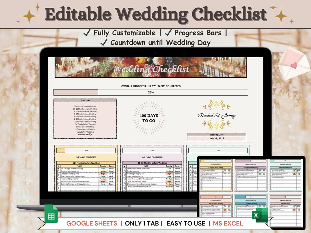 Editable Wedding Checklist: Google Sheets & Excel 365 Planner (digital ...