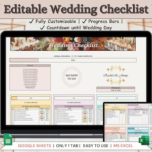Könnte beinhalten: Ein digitaler Hochzeits-Checkliste-Entwurf auf einem Laptop-Bildschirm. Der Bildschirm zeigt "Editable Wedding Checklist" und "400 Days To Go". Die Checkliste ist für Google Sheets und MS Excel konzipiert.