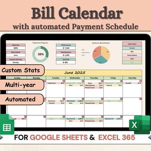 Automated Bill Tracker Spreadsheet Excel 365, Google Sheets Bill Calendar, Subscription Tracker, Income Planner, Debt Payment Dashboard 2025