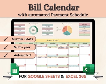 Automated Bill Tracker: Excel 365 & Google Sheets Calendar /Track your Subscriptions, Bills, Debts and Income