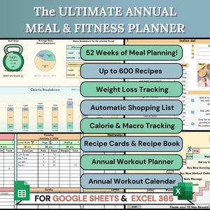May include: A digital meal and fitness planner with a teal and white color scheme. The planner includes sections for meal planning, recipe cards, weight loss tracking, and workout calendars. The text on the planner reads "The Ultimate Annual Meal & Fitness Planner."