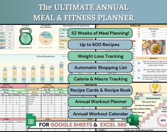 Fitness & Meal Planner Spreadsheet, Yearly Workout Log, Calorie and Macro Counter, Weight Loss Tracker, for Google Sheets and Excel 365