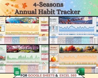 Yearly Habit Tracker Spreadsheet for Google Sheets & Excel 365 - Winter, Spring, Autumn, Summer inspired 2026 habit and goal planner