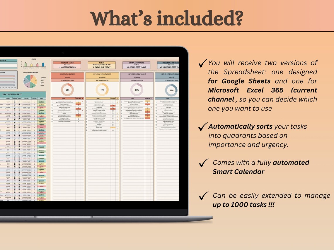 Excel 365 Task Priority Tracker Eisenhower Matrix Google Sheets Urgent ...