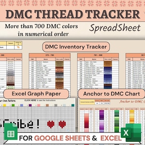 DMC Garnfarbentabelle, PDF-Datei, DMC-Inventory-Tracker-Arbeitsmappe, DMC-Umwandlungstabelle, digitales Zeichenpapier, Kreuzstich